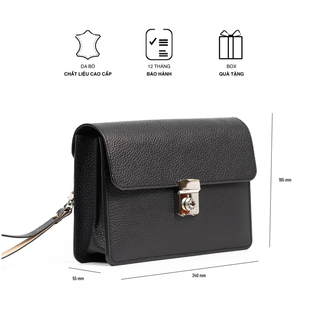 Clutch cầm tay cao cấp da bò thật vân togo sang trọng khoá số bảo mật
